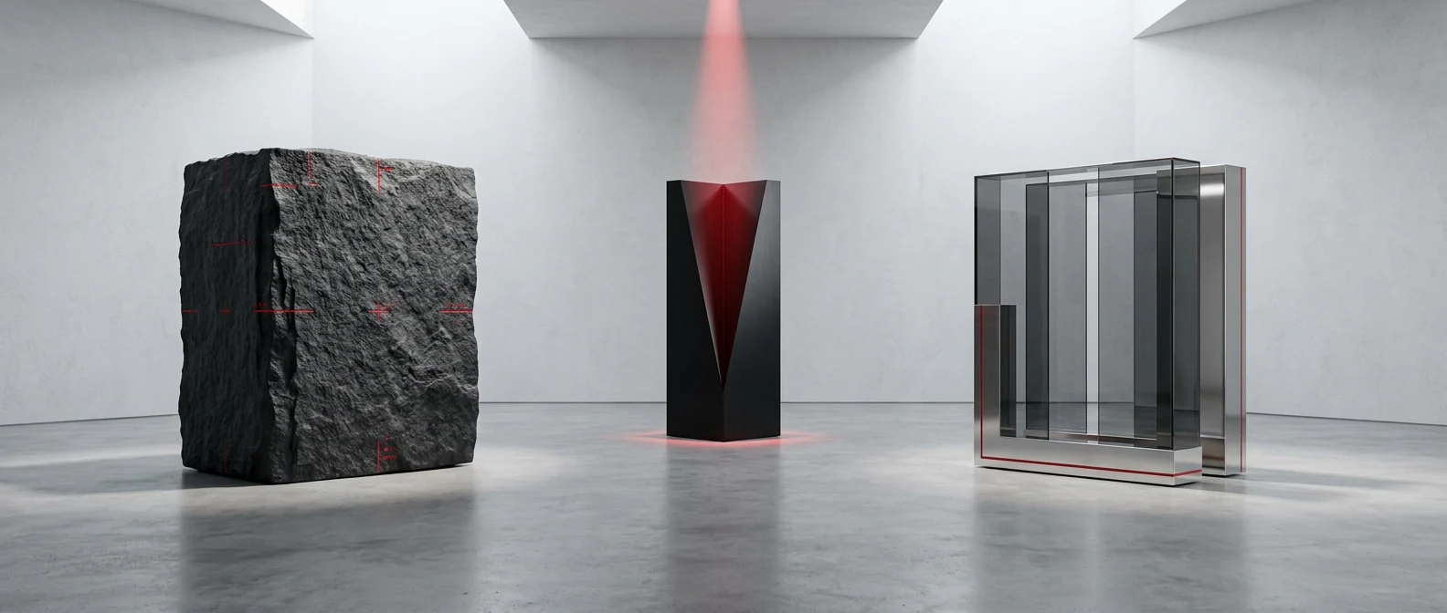 Tres formas arquitectónicas que expresan el método Redline: piedra en bruto, monolito negro y vidrio refinado